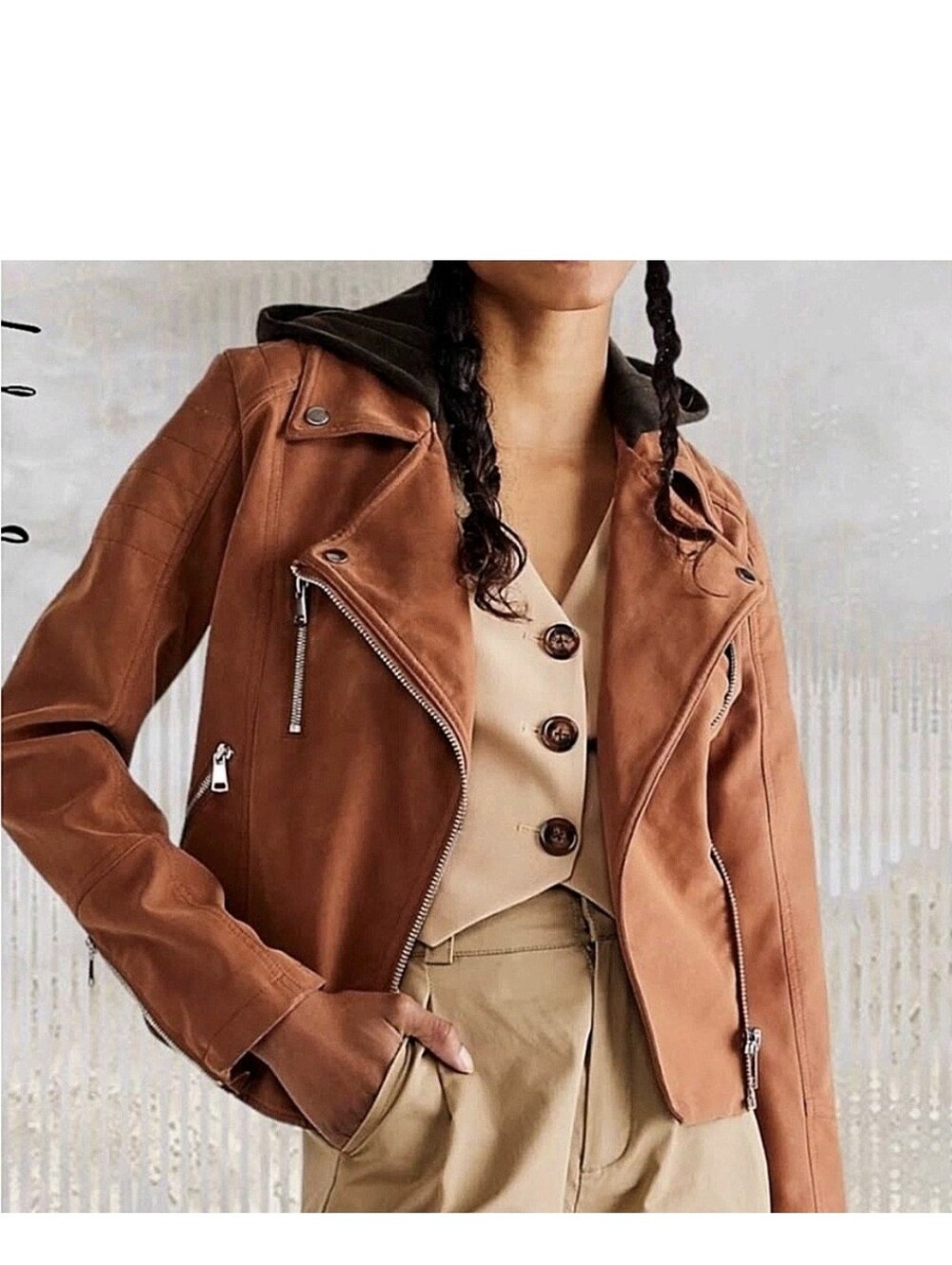 We The Free Free People Brown Faux Suede Hooded Moto Jacket Size S | Edgy Boho